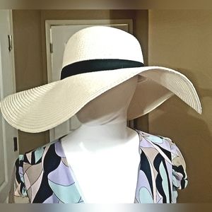 Womens wide brim off white straw hat with black band
